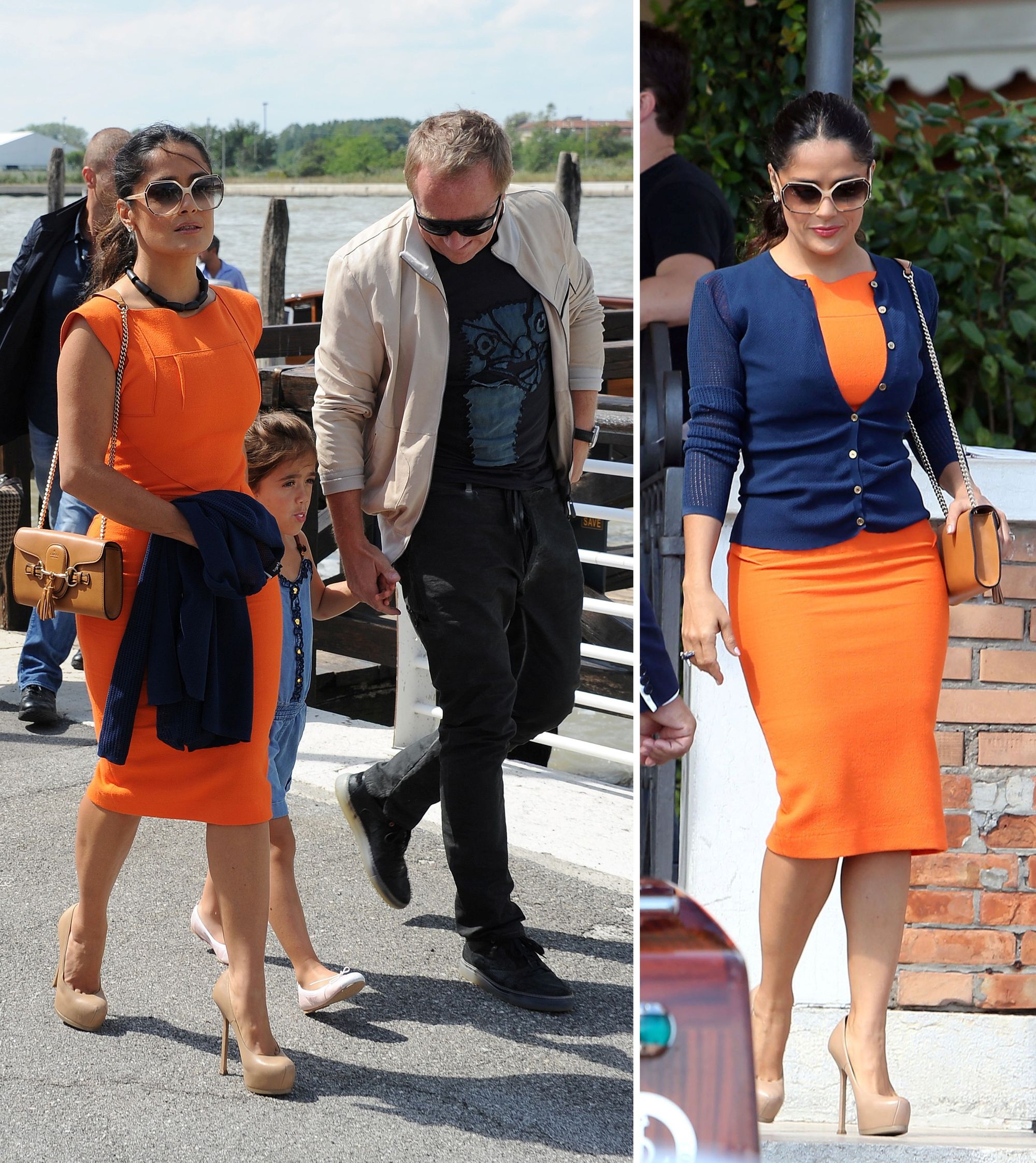 Salma Hayek-Pinault in nude YSL Tribtoo pumps and Gucci 'Emily' chain shoulder bag