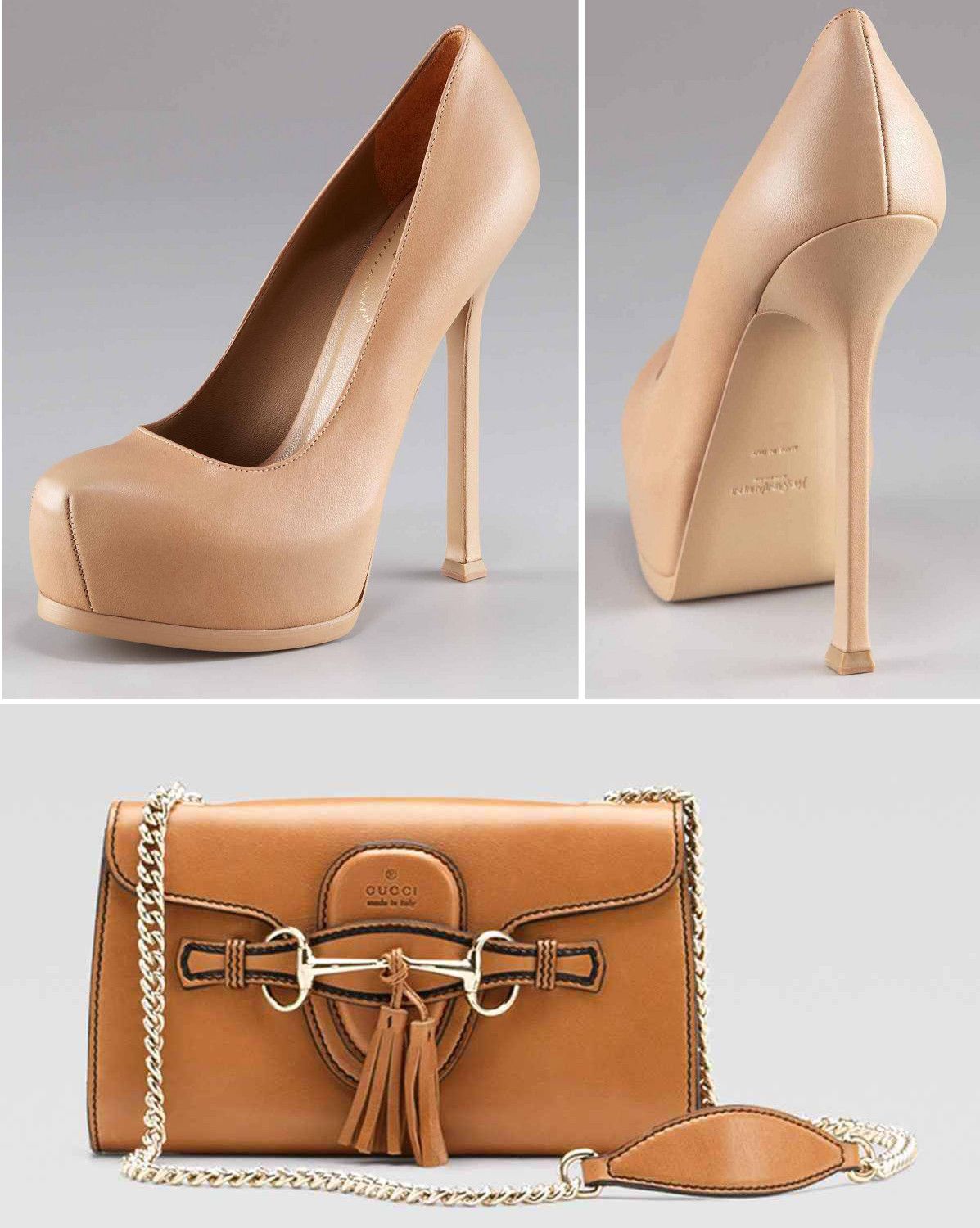Yves Saint Laurent 'Tribtoo' pumps (top) and Gucci 'Emily' chain shoulder bag (Photo courtesy | Neiman Marcus)