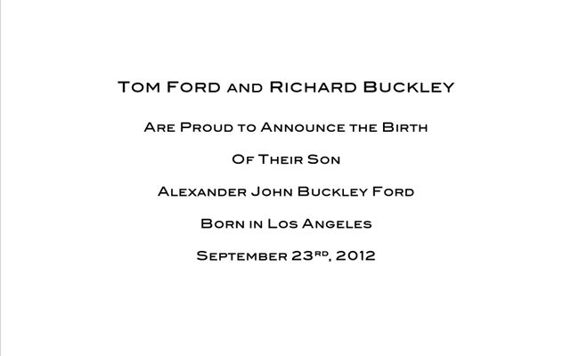 The birth card of Tom Ford & Richard Buckley's son