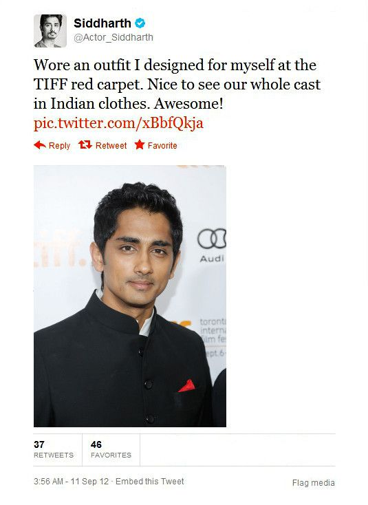 Siddharth at the TIFF premiere of "Midnight's Children" (Photo courtesy | @Actor_Siddharth)