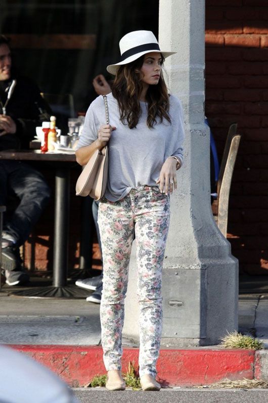 Jenna Dewan wears her floral print denim with a grey t-shirt