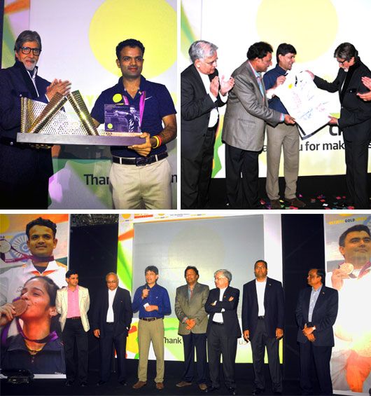 (Top Left) Amitabh Bachchan felicitating Olympic Silver Medalist Vijay Kumar (Top Right) OGQ Directors (L-R) Prakash Padukone, Rakesh Khanna, Niraj Bajaj, Geet Sethi, Shitin Desai and Neeraj Bharadwaj hand over a special autographed t-shirt to Amitabh Bachchan (Bottom) OGQ Athletes (L-R) P. Kashyap, Vijay Kumar, Devendro Singh, Gagan Narang and M.C. Mary Kom cutting a special congratulatory cake with Chief Guest Amitabh Bachchan