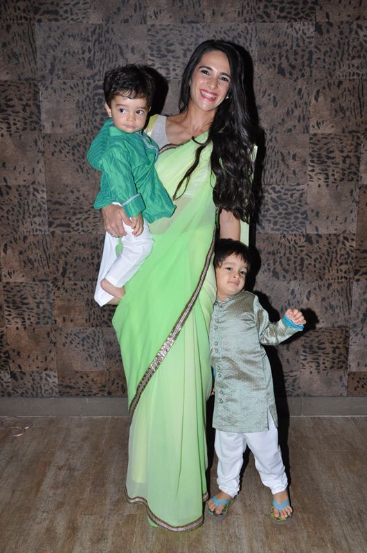 Tara Sharma with her kids (Kai and Zen) in creations by Sunaina & Mansi