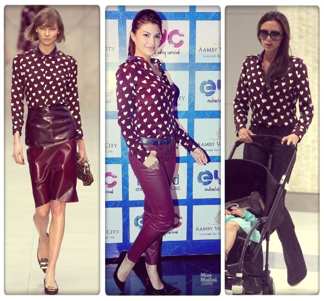 Jacqueline Fernandez and Victoria Beckham in the rubber collar heart print shirt from Burberry's A/W'13 collection