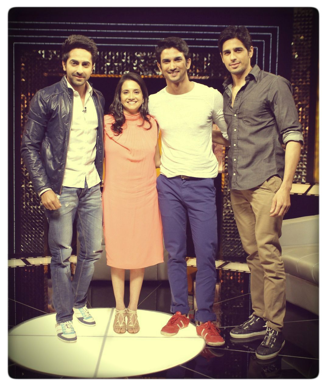 Ayushmann Khurrana, Anupama Chopra, Sushant Singh Rajput and Sidharth Malhotra on the sets of The Front Row with Anupama Chopra