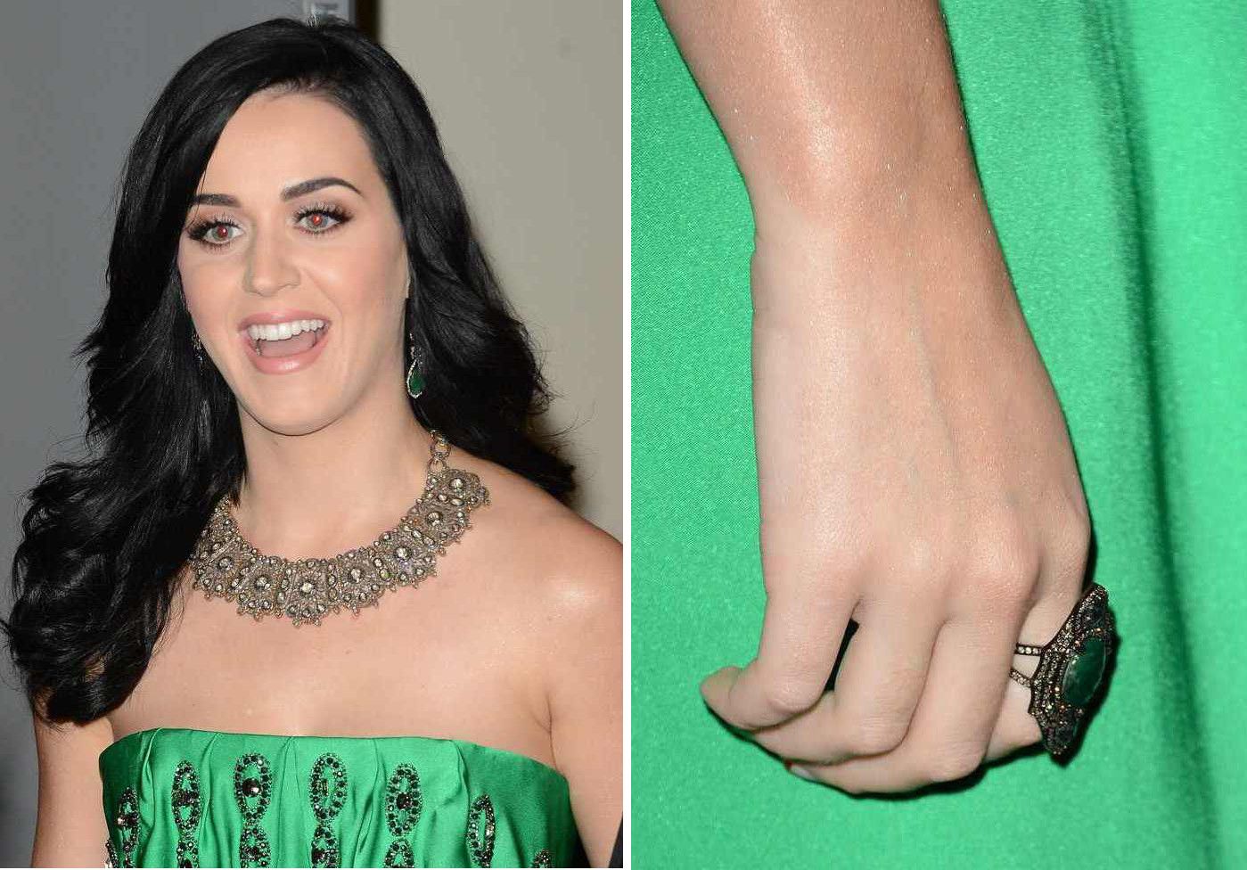 Katy Perry in Amrapali antique gold emerald + diamond drop earrings + ring at a celebration of Carole King and her music on December 4, 2012