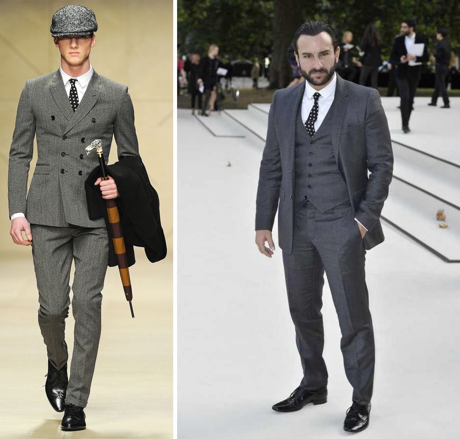 Saif Ali Khan in Burberry Tailoring & Burberry Prorsum A/W'12 black polka-dot tie at the Burberry womenswear Spring/Summer 2013 show on December 18, 2012
