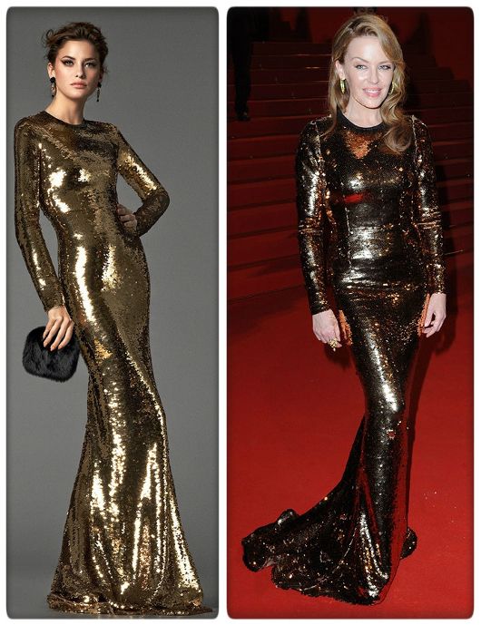 Kylie Minogue in Dolce & Gabbana liquid gold gown at the "Holy Motors" premiere during the 65th annual Cannes Film Festival