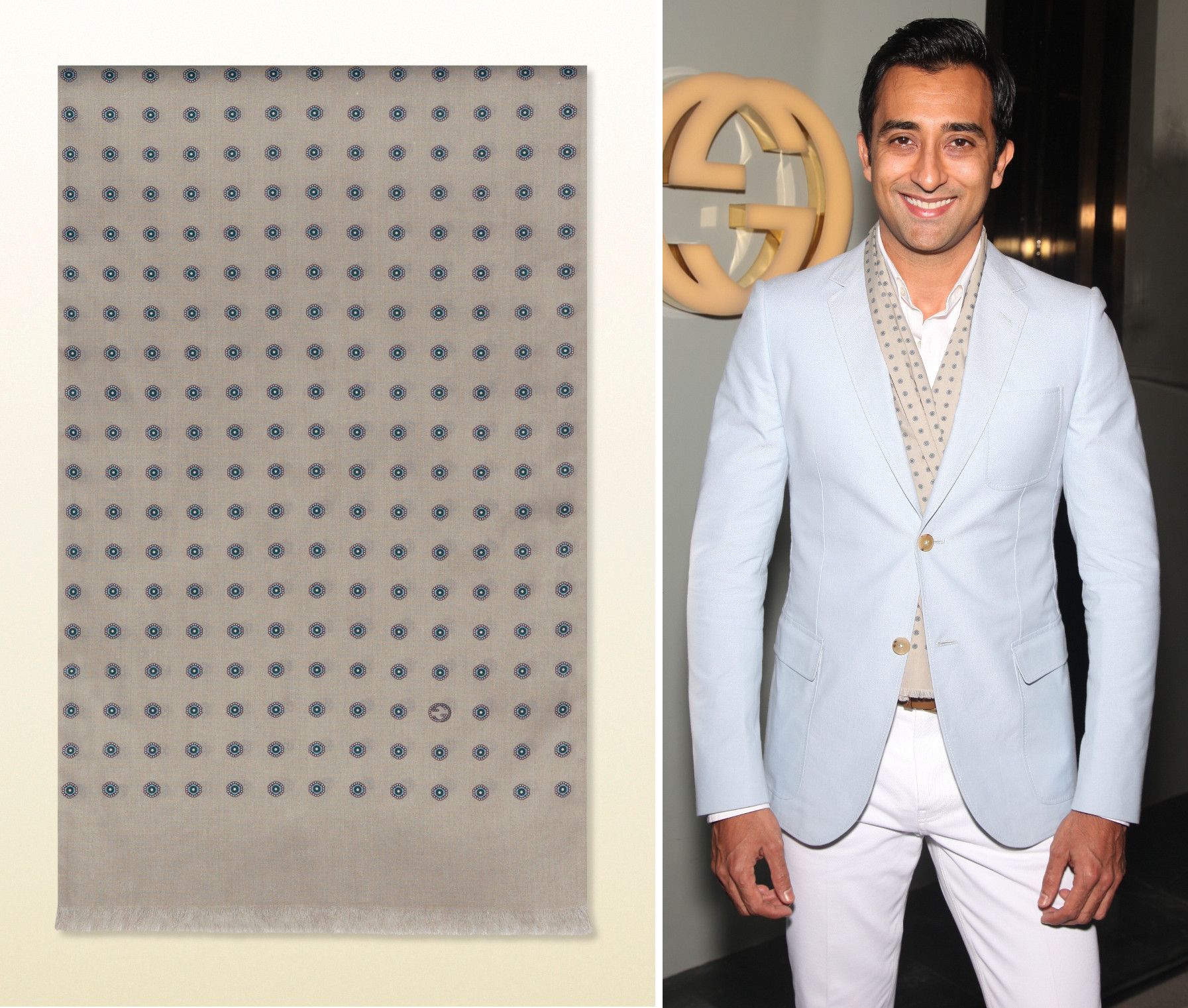 Rahul Khanna in Gucci sand and brown ascot print cotton scarf at the Gucci store opening in The Oberoi, Gurgaon (Photo courtesy | Gucci)