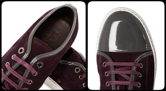 Lanvin maroon suede sneakers with grey patent leather trim and toe cap (Photo courtesy | Mr Porter)