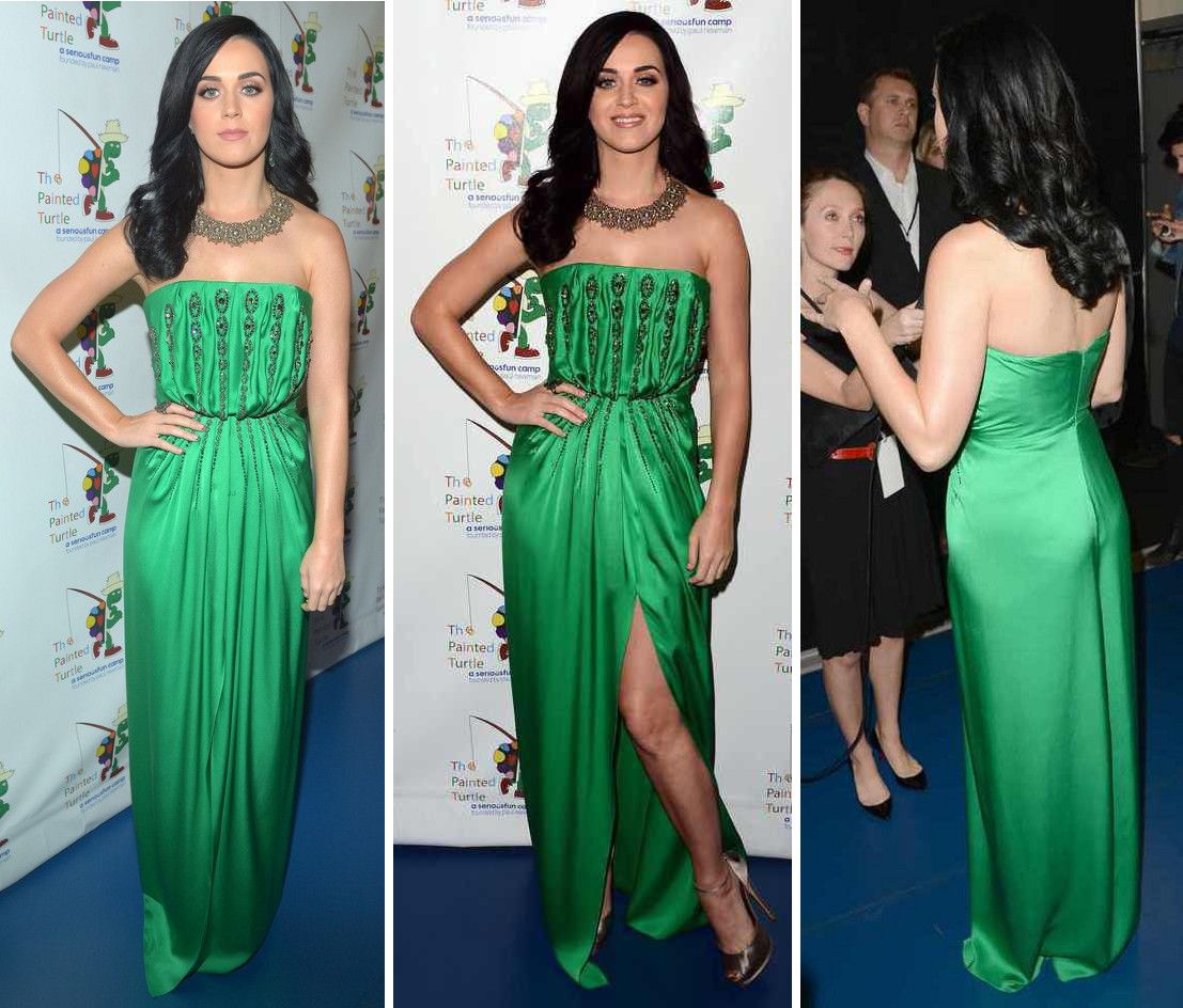 Katy Perry in a YSL Edition Soir 2012 gown and Guiseppe Zanotti gold d'Orsay pumps at a celebration of Carole King and her music on December 4, 2012