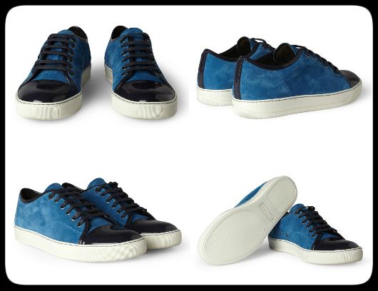 Lanvin blue suede sneakers with petrol blue patent leather trim and toe cap (Photo courtesy | Mr Porter)