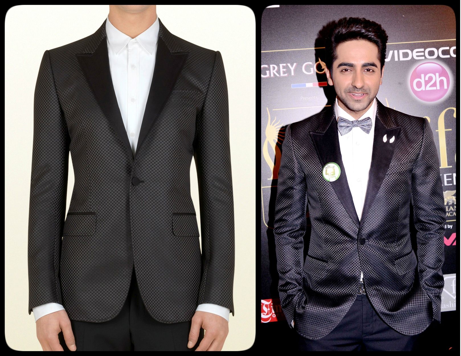 Ayushmann Khurrana in black houndstooth Marseille evening jacket from Gucci's Pre-Fall 2013 at the 2013 IIFA Rocks event (Photo courtesy | Gucci/Yogen Shah)