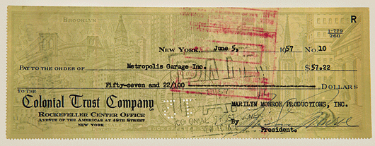Cheque signed by Marilyn Monroe
