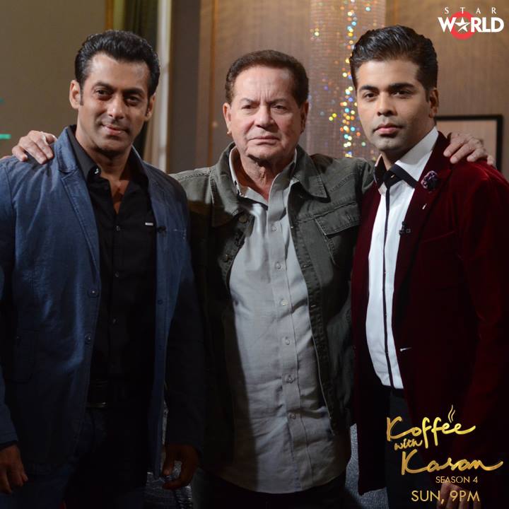 Salman Khan, Salim Khan and Karan Johar during the season 4 premiere of 'Koffee with Karan' (Photo courtesy | Star World India)