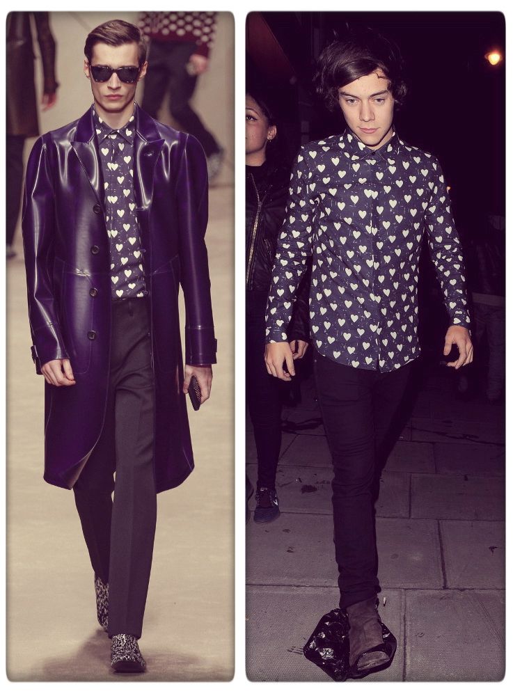 Harry Styles in the navy blue heart print cotton shirt from Burberry's A/W'13 collection