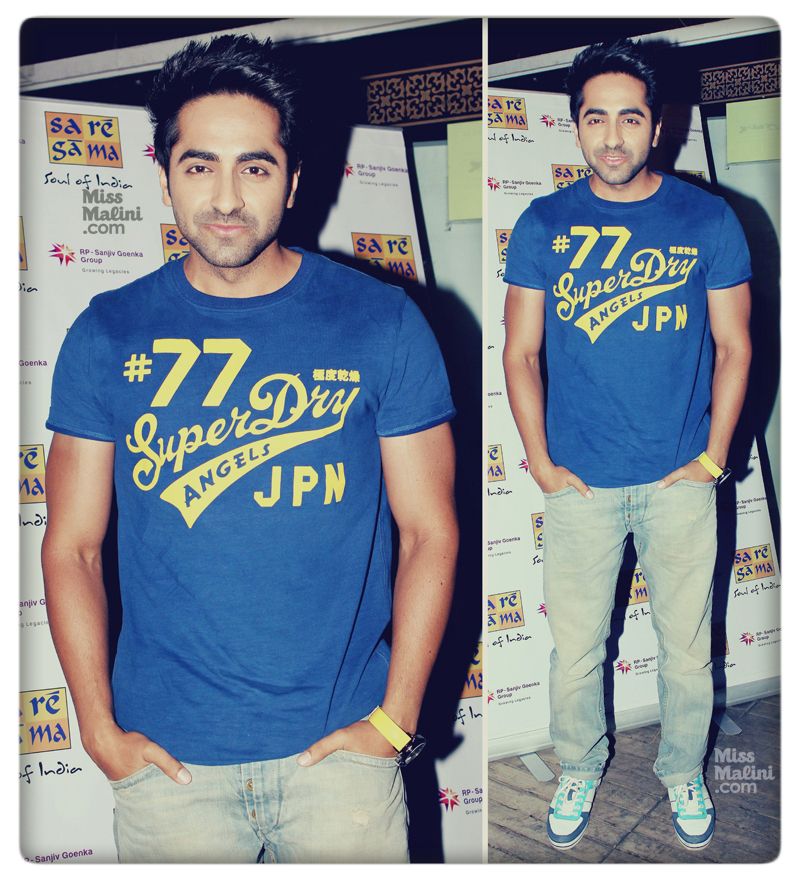 Ayushmann Khurrana in Superdry Lousinana blue 'Angels' T-shirt and Nike Dunk trainers at The Bartender's B Seventy album launch on March 20, 2013 (Photo courtesy | Yogen Shah)