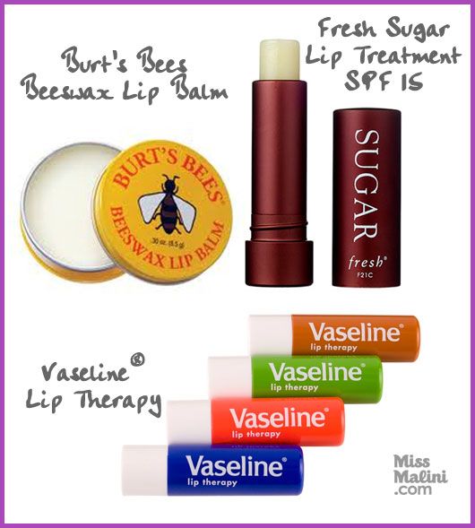 LIPS- Burt's Bees Beeswax Lip Balm, Fresh Sugar Lip treatment SPF 15, Vaseline® Lip Therapy