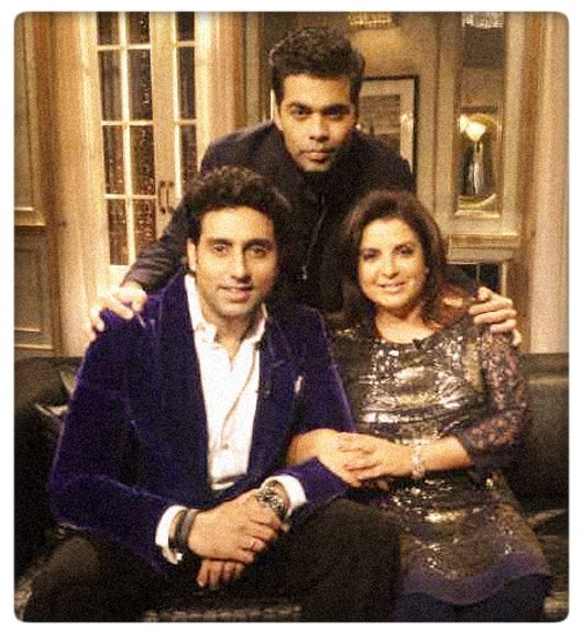 Abhishek Bachchan with Farah Khan and Karan Johar at the sets of Koffee with Karan (Photo courtesy | @KaranJohar)