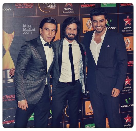 Ranveer Singh, Shahid Kapoor and Arjun Kapoor at the 9th Renault Star Guild Awards held in Mumbai on January 16, 2014