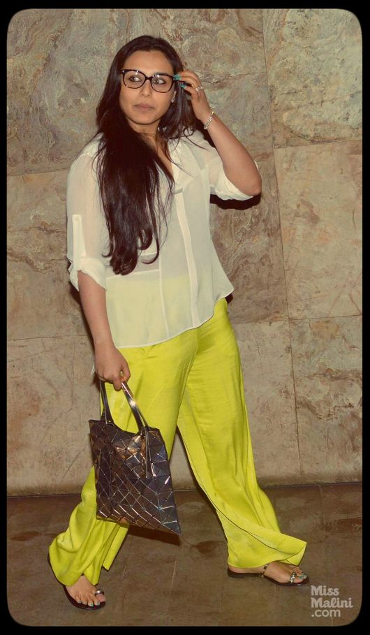 Rani Mukerji carrying the ‘Bilbao Prism Platinum Tote’ from Issey Miyake’s 'Bao Bao' collection to the "Ship of Theseus" screening on July 16, 2013 (Photo courtesy | Yogen Shah)
