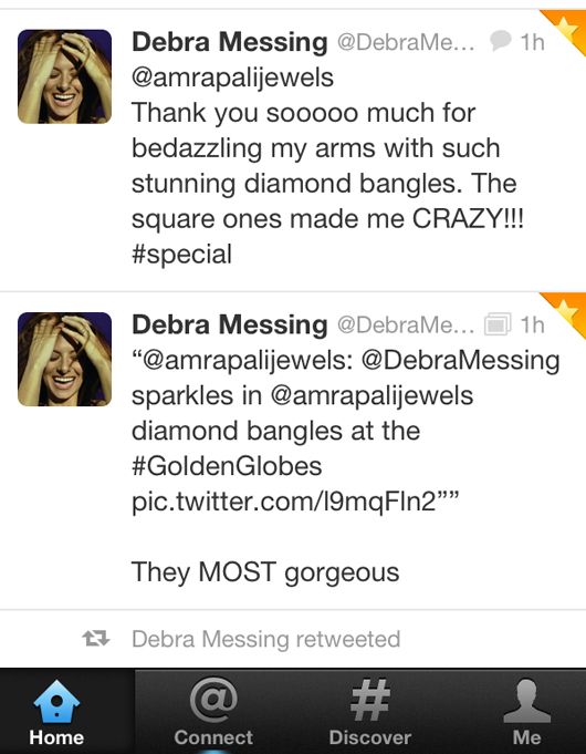 Debra Messing thanks Amrapali on Twitter