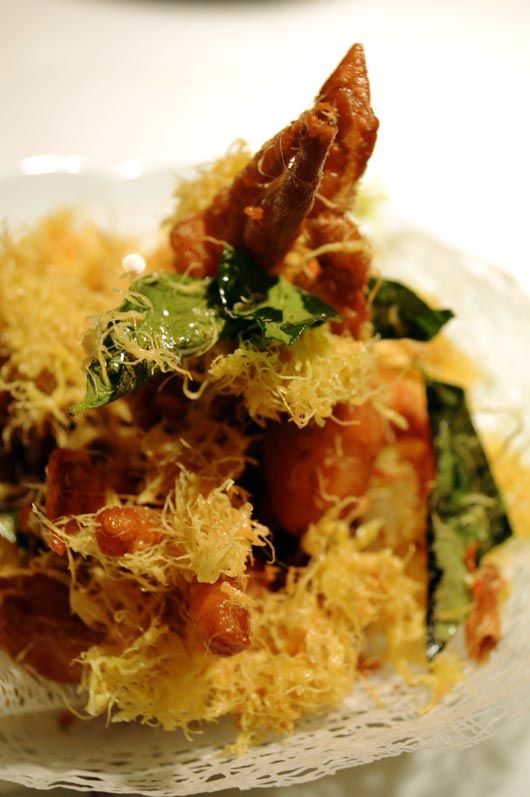 Golden fried Soft Shell Crab with Egg threads, curry leaf and chilli