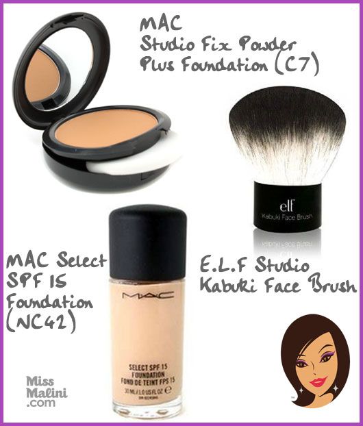 Day- MAC Studio Fix Powder Plus Foundation (C7) applied with E.L.F Studio Kabuki Face Brush. Night- MAC Select SPF 15 foundation (NC42)