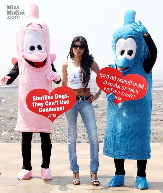 Sherlyn Chopra with two condoms at the PETA event