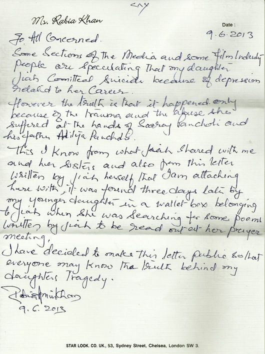 Jiah Khan’s Mother Releases Her Last Note