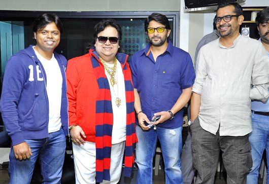 Krsna, Bappi Lahiri, Arshad Warsi and Subhash Kapoor at a song recording for Jolly LLB