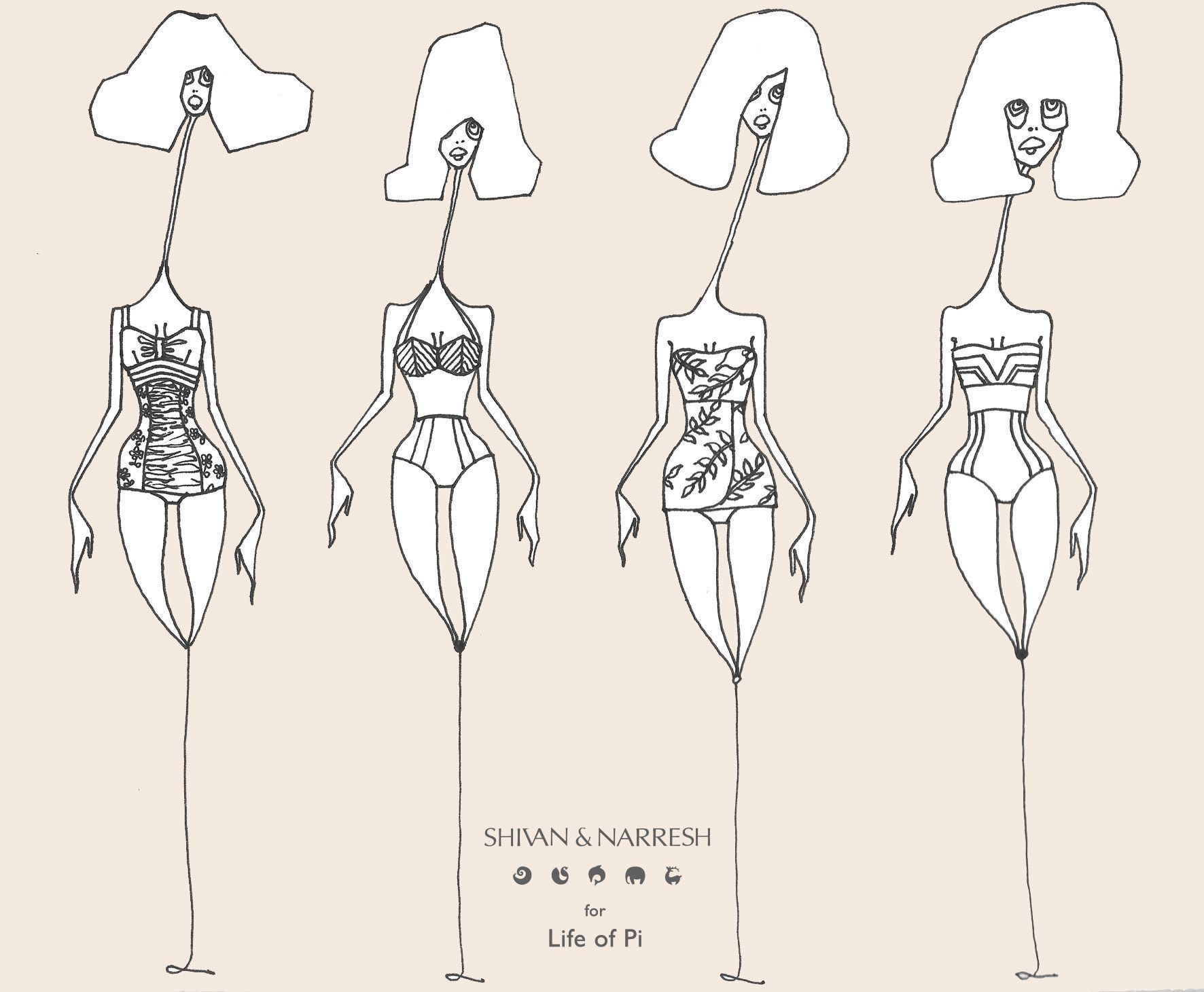 Shivan & Narresh's sketches for vintage swimsuits for "Life of Pi" (Photo courtesy | Shivan & Narresh)