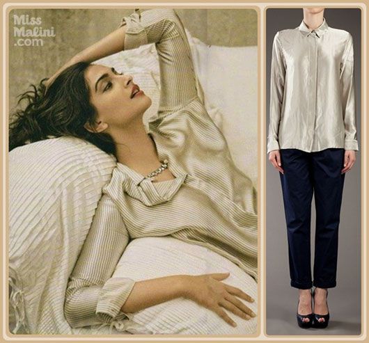 Sonam Kapoor in a silk shirt from The Row & necklace by Tom Binns