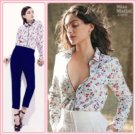 Sonam Kapoor in foral shirt and high waist trousers from Dior Resort 2013