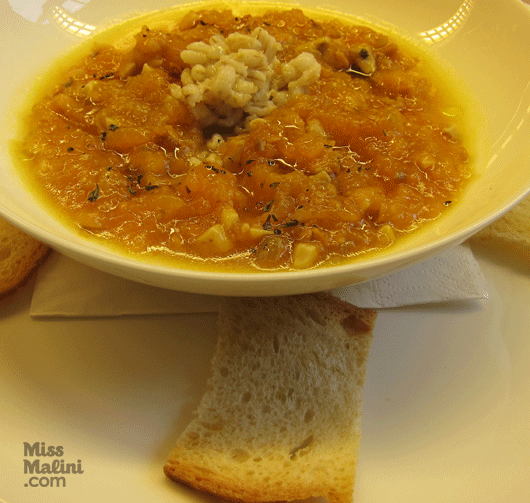 Mixed mushrooms and yellow pumpkin soup with barley