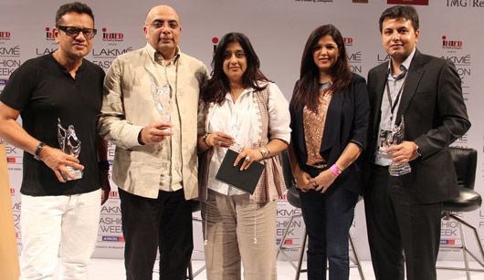Saket Dhankar, Fashion head at IMGR with (l-r)  Naeem Khan, Trun Tahiliani, Vogue India's Priya Tanna
