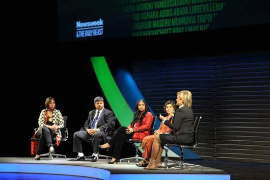 (L-R) Barkha Dutt, journalist and TV anchor of NDTV; Rav Kant, president of Shakti Vahini; Shoma Chaudry, managing editor of Tehelka; Mallika Dutt, president and CEO of Breakthrough; and Cynthia McFadden, co-anchor of ABC News' Nightline (Photo Courtesy | Marc Bryan Brown / Women in the World)