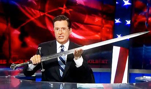 Colbert wields an Andúril prop, the sword used by Aragorn