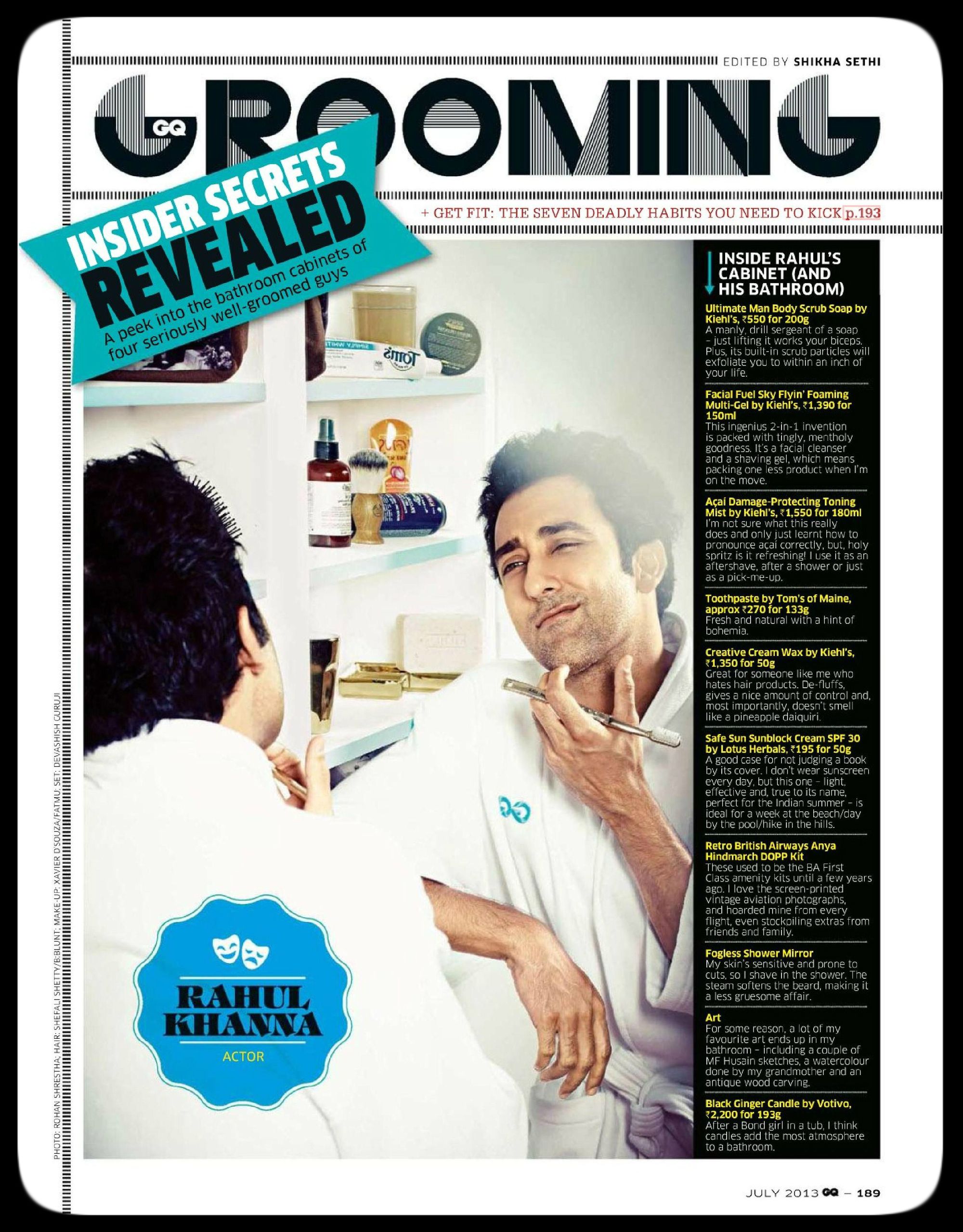Inside Rahul Khanna's bathroom cabinet, featured in GQ's July 2013 issue