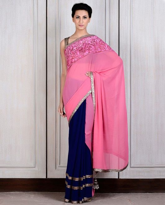 Blue and pink paneled sari