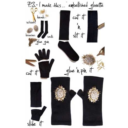 Bedazzled applique cut off gloves.