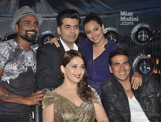 Madhuri Dixit, Karan Johar, Remo D'Souza, Sonakshi Sinha and Akshay Kumar on the sets of Jhalak Dikhla Jaa