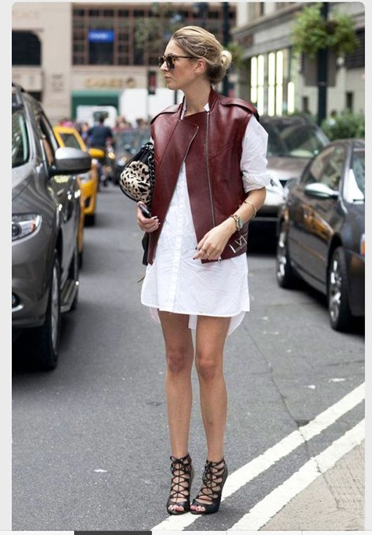 A leather vest can add a very rocker chic element into your look. Vests in cool darker shades like maroon or different shades of brown can be a fun way to add colour. Throw it over a plain dress or tank top and it can transform your outfit into a pretty cool look (Pic | Bloglovin.com)