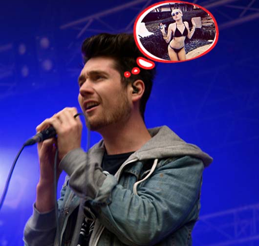 Bastille's Dan Smith performing and Miley Cyrus (inset)