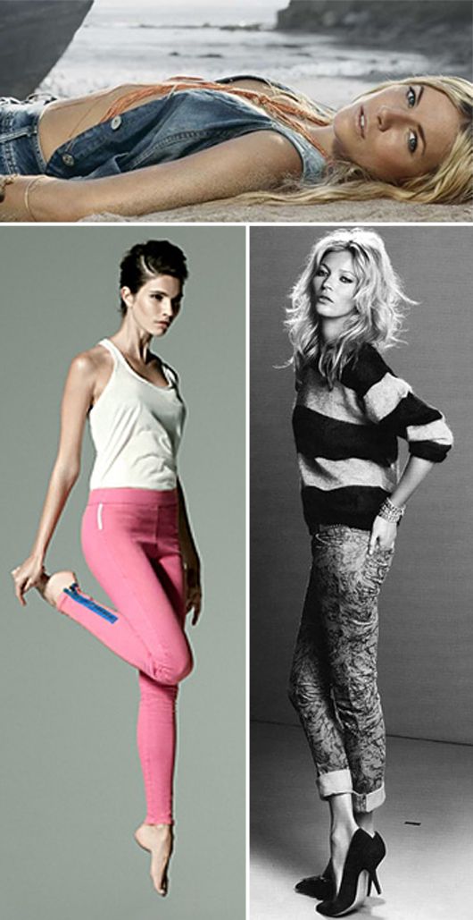 (top) Sienna Miller, (left) a look from Victorian Beckham's denim line and Kate Moss (right)