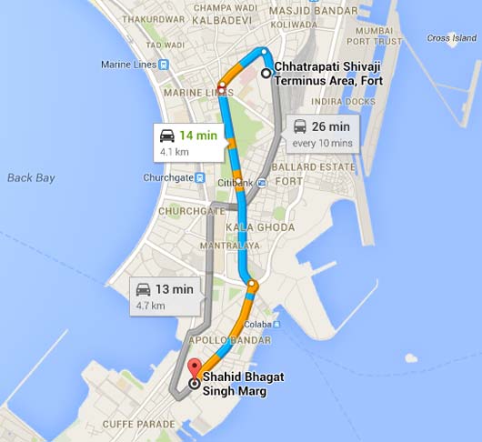 Map from Chhatrapati Shivaji Terminus to Colaba Causeway