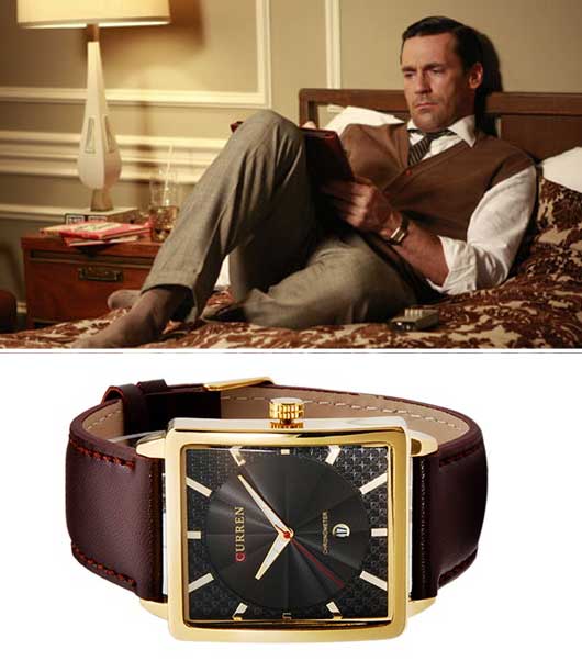Mad Men's Don Draper played by Jon Hamm wears a square dial leather strap watch from the 60's