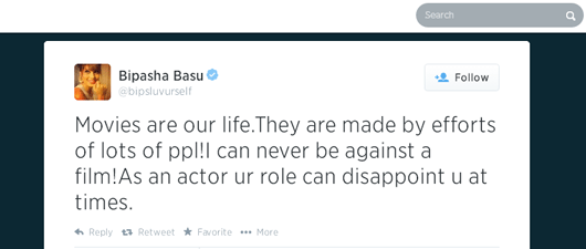 Bipasha Basu's Tweet @bipsluvurself