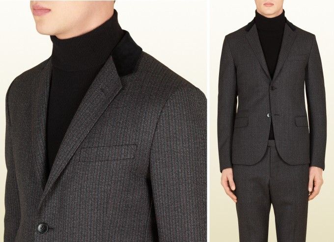 The dark grey-rubie coloured rail stripe mouliné wool suit from Gucci's Pre-Fall 2014 collection (Photo courtesy | Gucci)