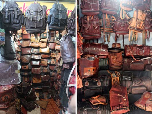 A variety of interesting leather bags on display at the World market in Pettah